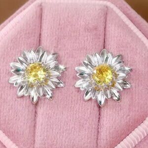 Silver Daisy Stud Earrings with Yellow Crystal Center